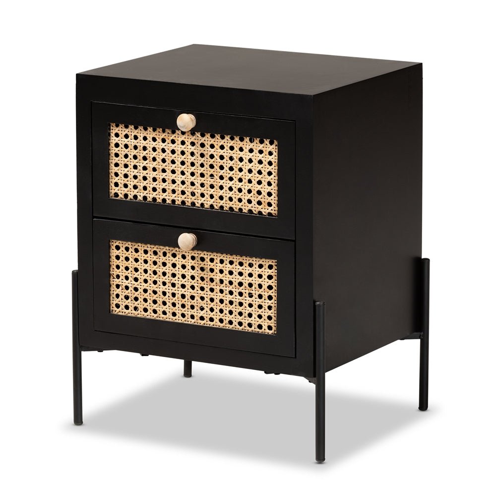 
                      
                        Baxton Studio Rimba Mid Century Modern Natural Rattan And Black Finished Wood 2 Drawer Nightstand - lily & onyx
                      
                    