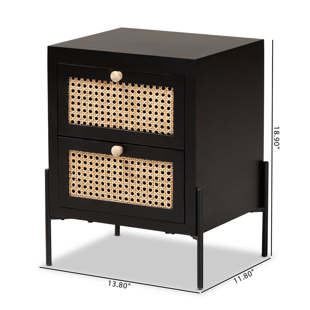 
                      
                        Baxton Studio Rimba Mid Century Modern Natural Rattan And Black Finished Wood 2 Drawer Nightstand - lily & onyx
                      
                    