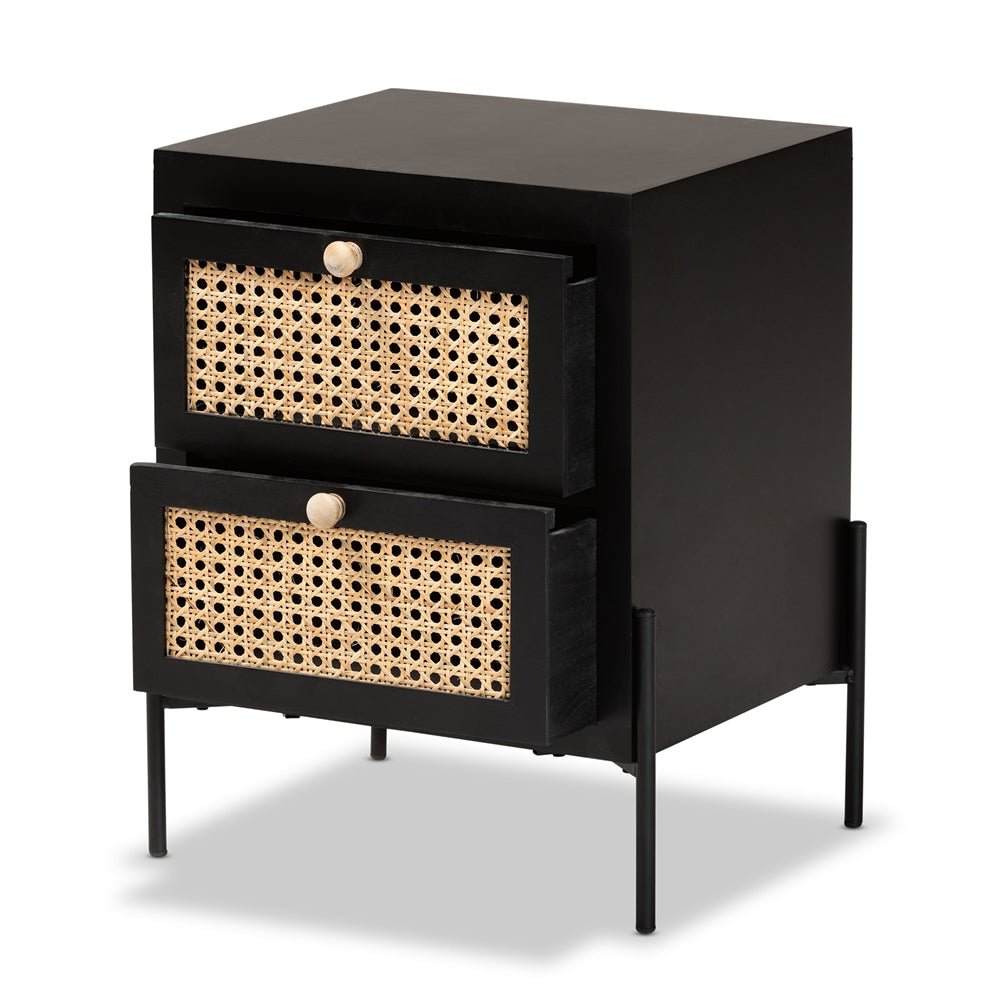 
                      
                        Baxton Studio Rimba Mid Century Modern Natural Rattan And Black Finished Wood 2 Drawer Nightstand - lily & onyx
                      
                    