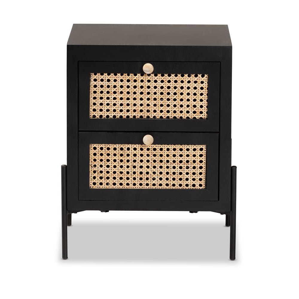 Baxton Studio Rimba Mid Century Modern Natural Rattan And Black Finished Wood 2 Drawer Nightstand - lily & onyx