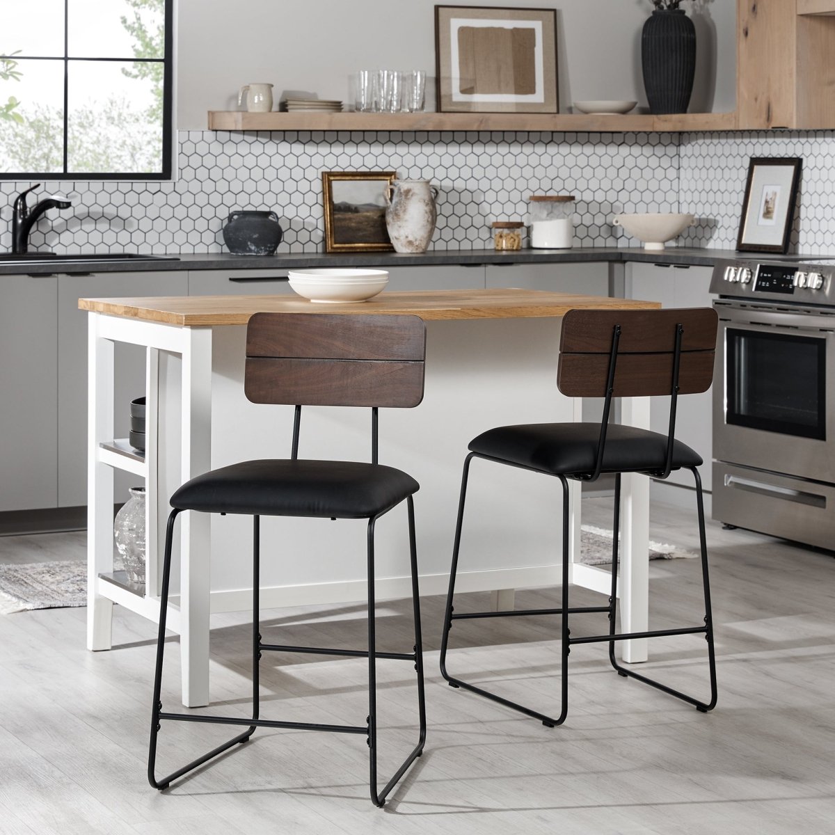 Walker Edison Roland Modern 2-Piece Faux Leather Metal and Wood Counter Stool Set - lily & onyx