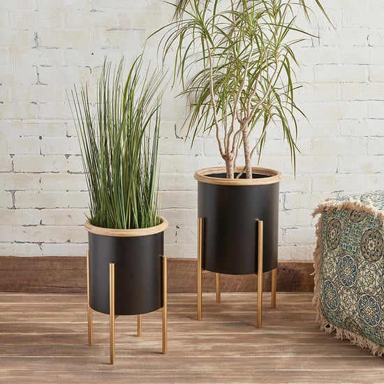 47th & Main Round Black Wood Planter with Gold Metal Legs, Set Of 2 - lily & onyx