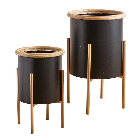 47th & Main Round Black Wood Planter with Gold Metal Legs, Set Of 2 - lily & onyx