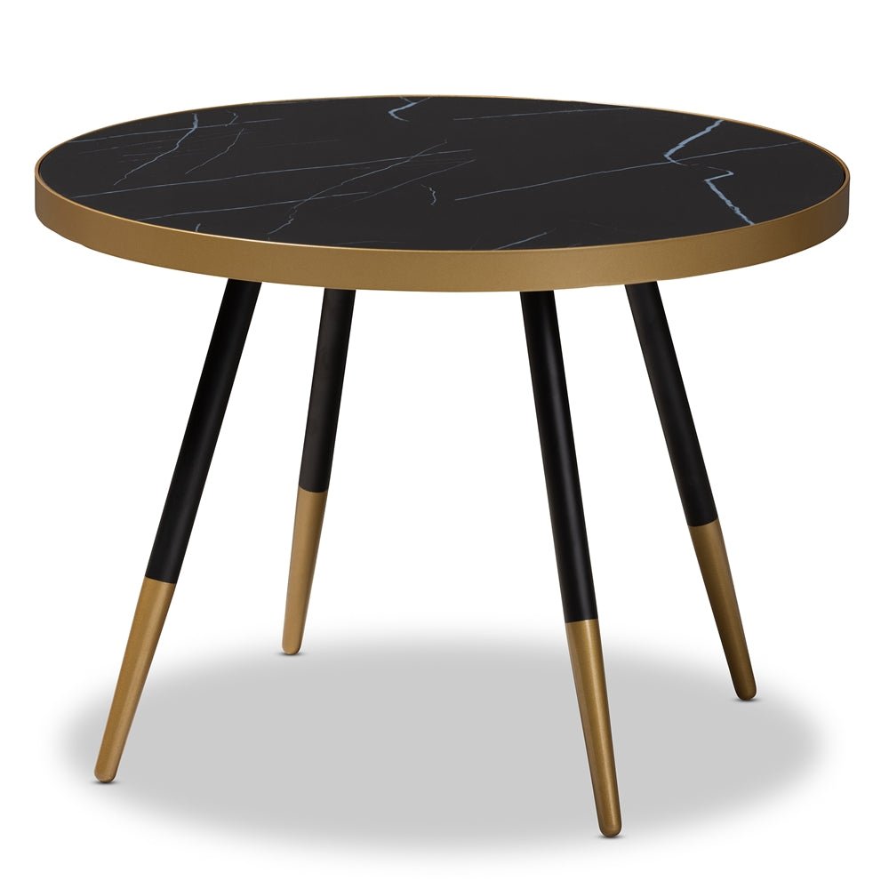 Baxton Studio Round Glossy Marble And Metal Coffee Table With Two Tone Black And Gold Legs - lily & onyx