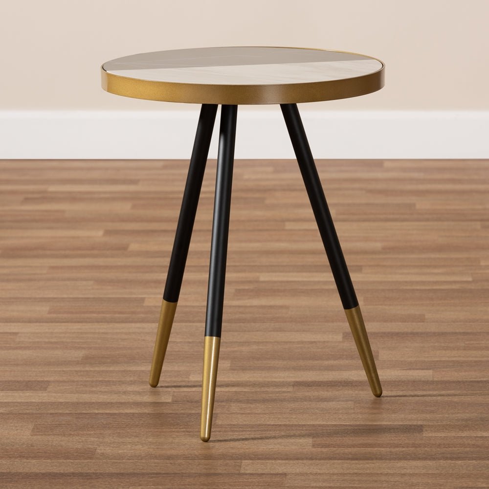Baxton Studio Round Glossy Marble And Metal End Table With Two Tone Black And Gold Legs - lily & onyx