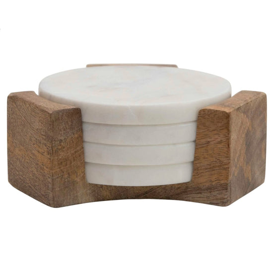Load image into Gallery viewer, lily &amp;amp; onyx Round Marble Coasters With Mango Wood Holder, Set Of 4 - lily &amp;amp; onyx
