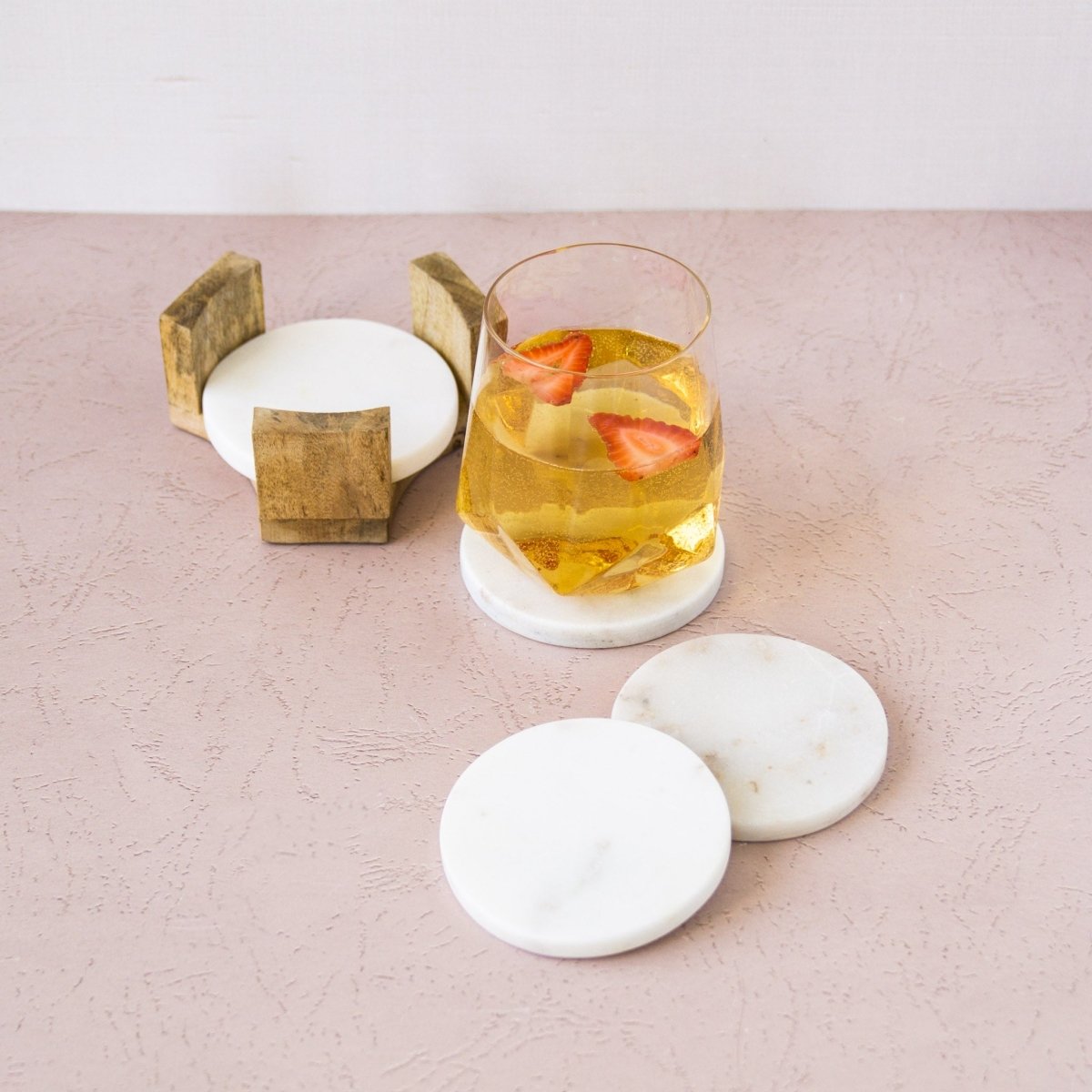 lily & onyx Round Marble Coasters With Mango Wood Holder, Set Of 4 - lily & onyx