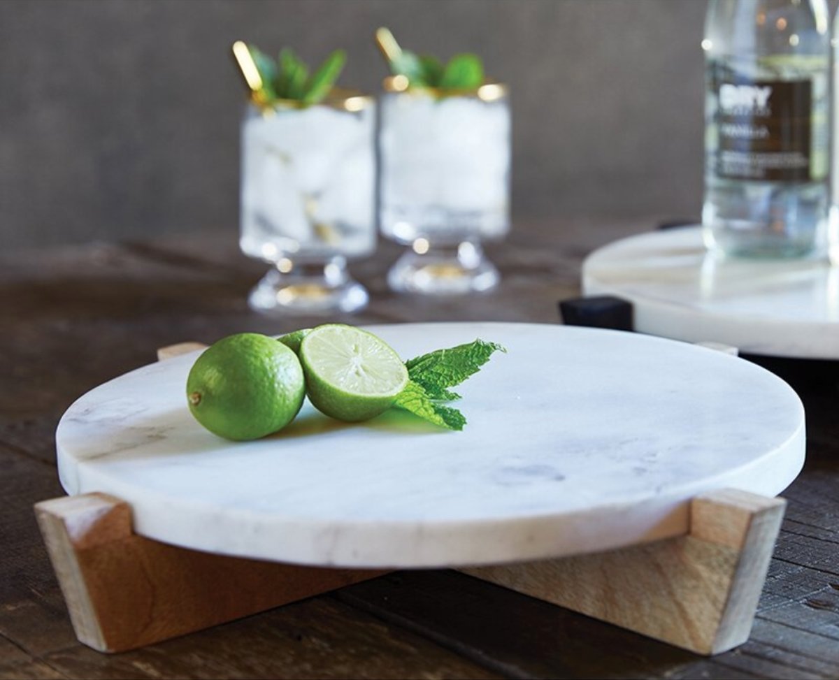 Santa Barbara Design Studio Round Marble Tray With Natural Mango Wood Stand - lily & onyx