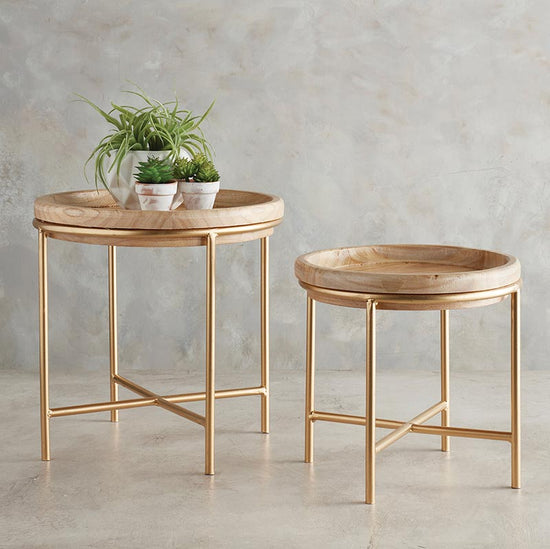 47th & Main Round Natural Wood and Gold Iron Metal Planter Stand, Set Of 2 - lily & onyx