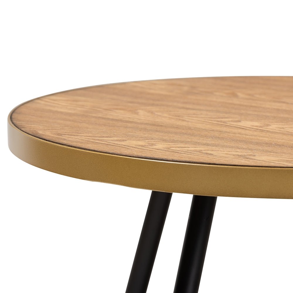 Baxton Studio Round Walnut Wood And Metal Coffee Table With Two Tone Black And Gold Legs - lily & onyx