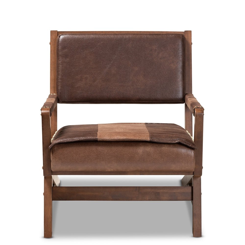 Baxton Studio Rovelyn Rustic Brown Faux Leather Upholstered Walnut Finished Wood Lounge Chair - lily & onyx