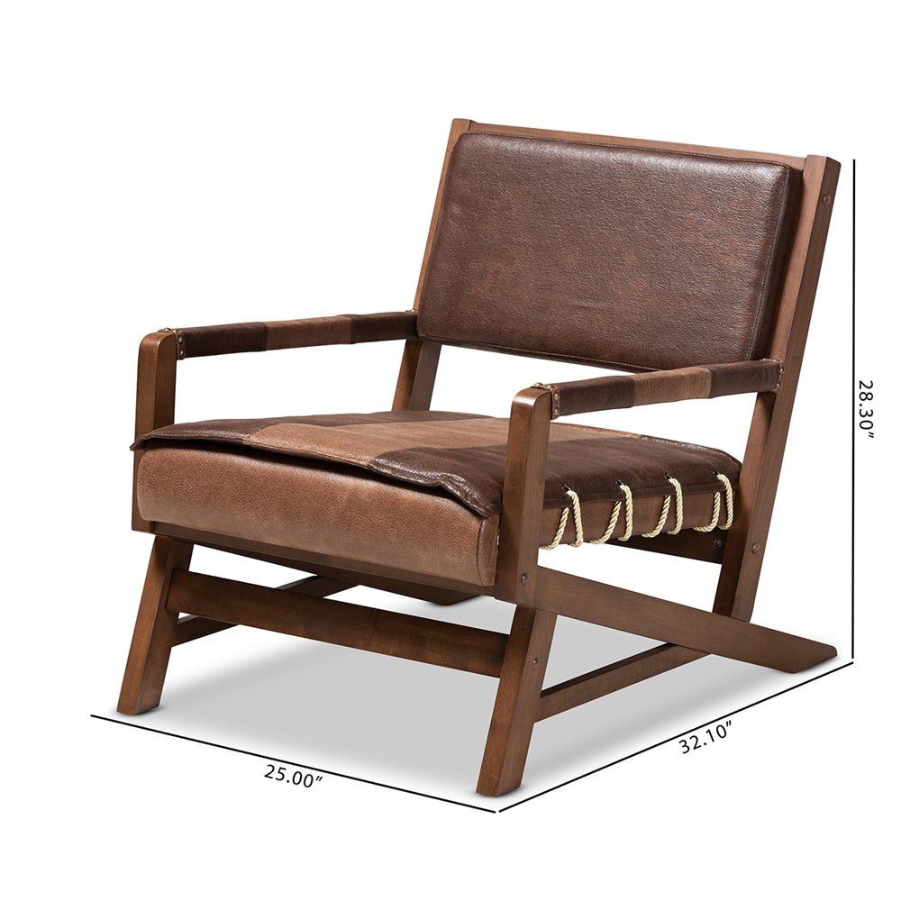 Load image into Gallery viewer, Baxton Studio Rovelyn Rustic Brown Faux Leather Upholstered Walnut Finished Wood Lounge Chair - lily &amp;amp; onyx
