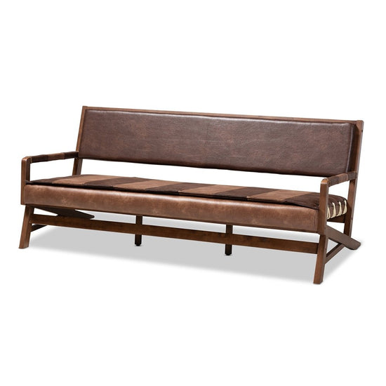 Baxton Studio Rovelyn Rustic Brown Faux Leather Upholstered Walnut Finished Wood Sofa - lily & onyx