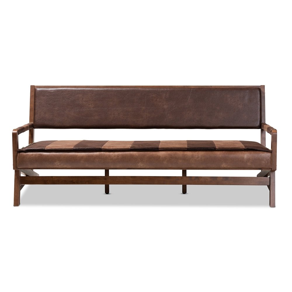 Baxton Studio Rovelyn Rustic Brown Faux Leather Upholstered Walnut Finished Wood Sofa - lily & onyx