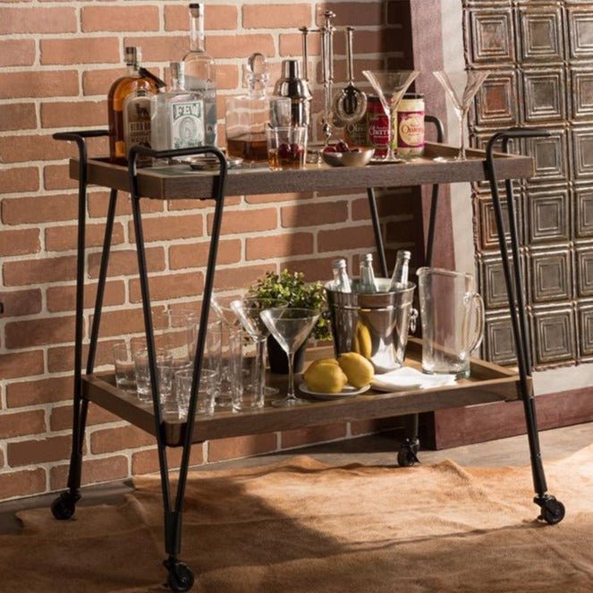 Baxton Studio Rustic Industrial Style Antique Black Textured Finish Metal Distressed Ash Wood Serving Bar Cart - lily & onyx