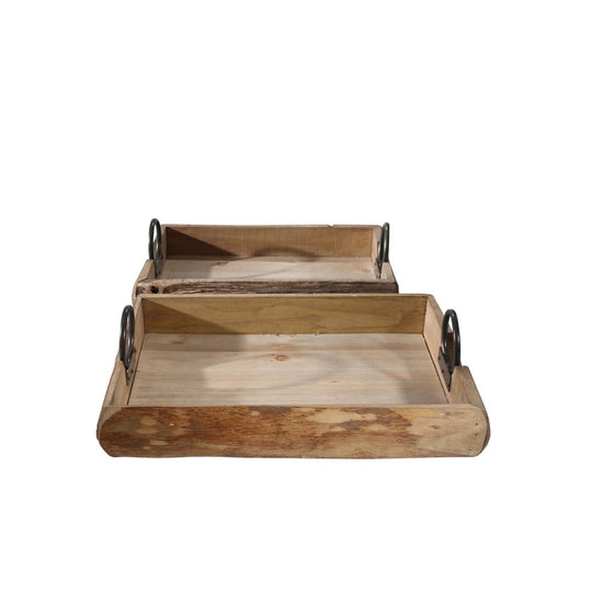 Sagebrook Home Rustic Nesting Wood Accent Trays with Round Metal Handles, Set of 2 - lily & onyx