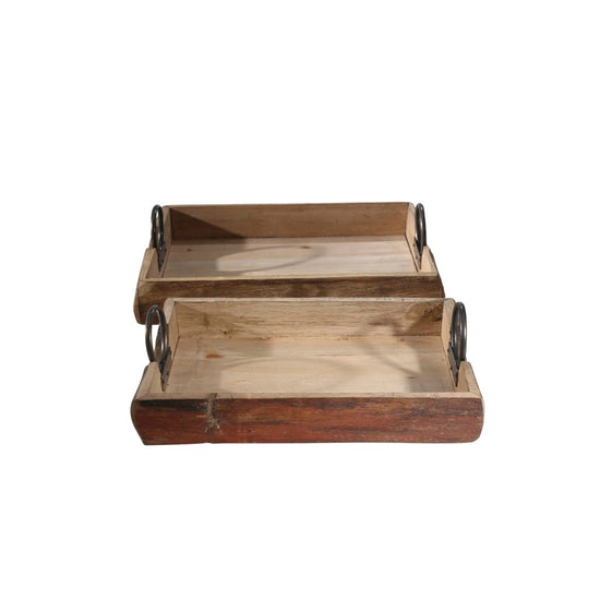 Sagebrook Home Rustic Nesting Wood Accent Trays with Round Metal Handles, Set of 2 - lily & onyx