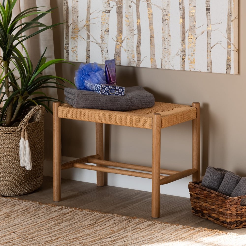 Baxton Studio Saura Mid Century Modern Oak Brown Finished Wood And Hemp Accent Bench - lily & onyx