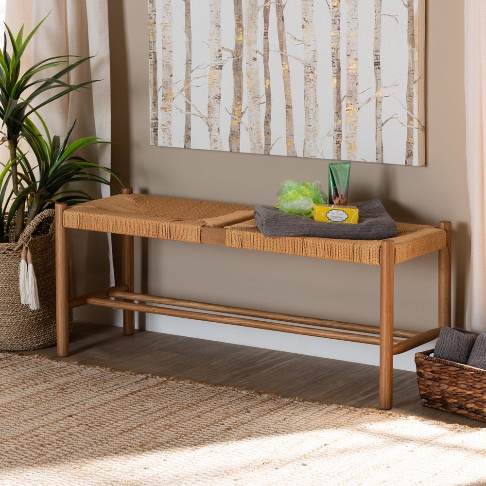 Baxton Studio Saura Mid Century Modern Oak Brown Finished Wood And Hemp Bench