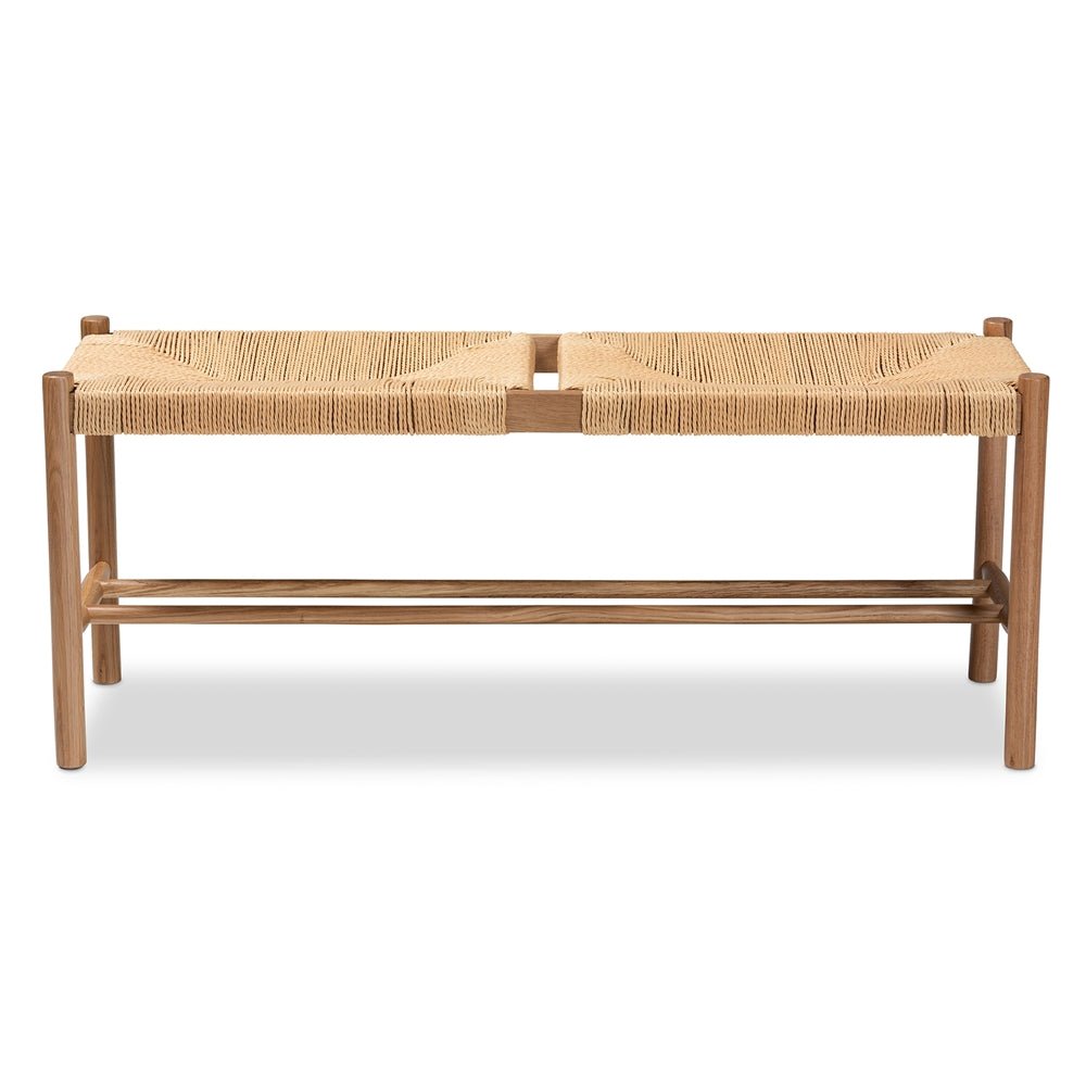 Baxton Studio Saura Mid Century Modern Oak Brown Finished Wood And Hemp Bench