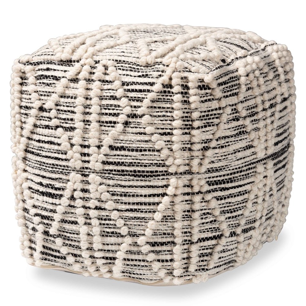 Baxton Studio Sentir Modern & Contemporary Moroccan Inspired Ivory And Black Handwoven Wool Blend Pouf Ottoman - lily & onyx