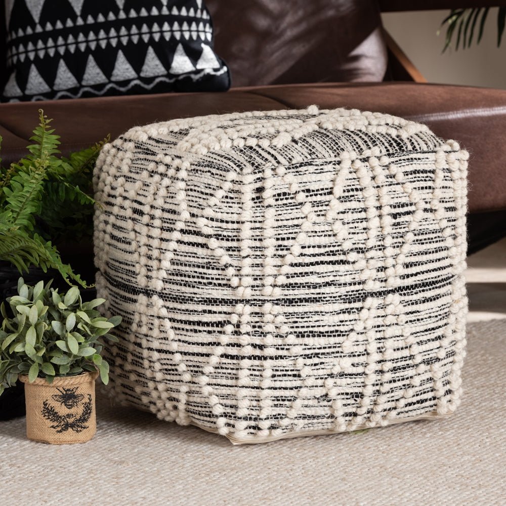 Baxton Studio Sentir Modern & Contemporary Moroccan Inspired Ivory And Black Handwoven Wool Blend Pouf Ottoman - lily & onyx