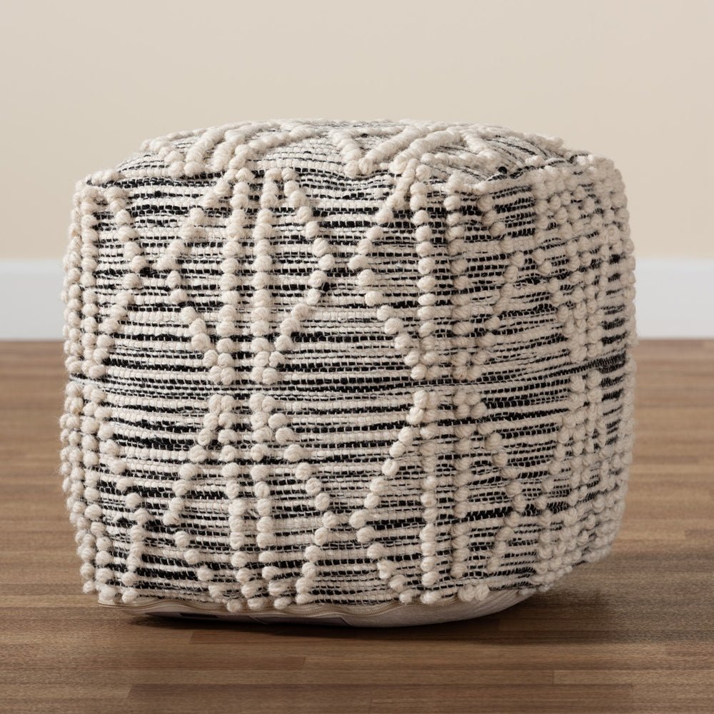 Baxton Studio Sentir Modern & Contemporary Moroccan Inspired Ivory And Black Handwoven Wool Blend Pouf Ottoman - lily & onyx