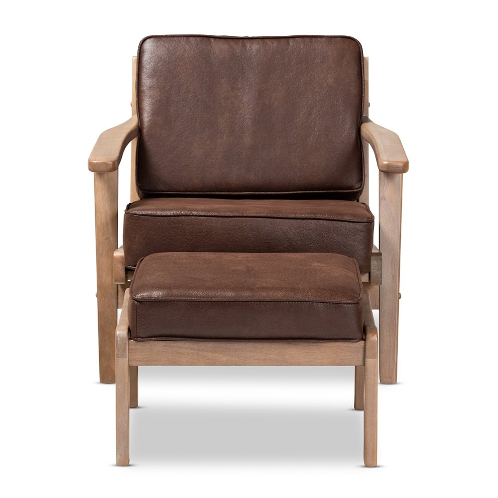 Load image into Gallery viewer, Baxton Studio Sigrid Mid Century Modern Dark Brown Faux Leather Upholstered Antique Oak Finished Wood Armchair - lily &amp;amp; onyx
