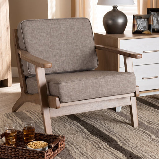Load image into Gallery viewer, Baxton Studio Sigrid Mid Century Modern Light Gray Fabric Upholstered Antique Oak Finished Wood Armchair - lily &amp;amp; onyx
