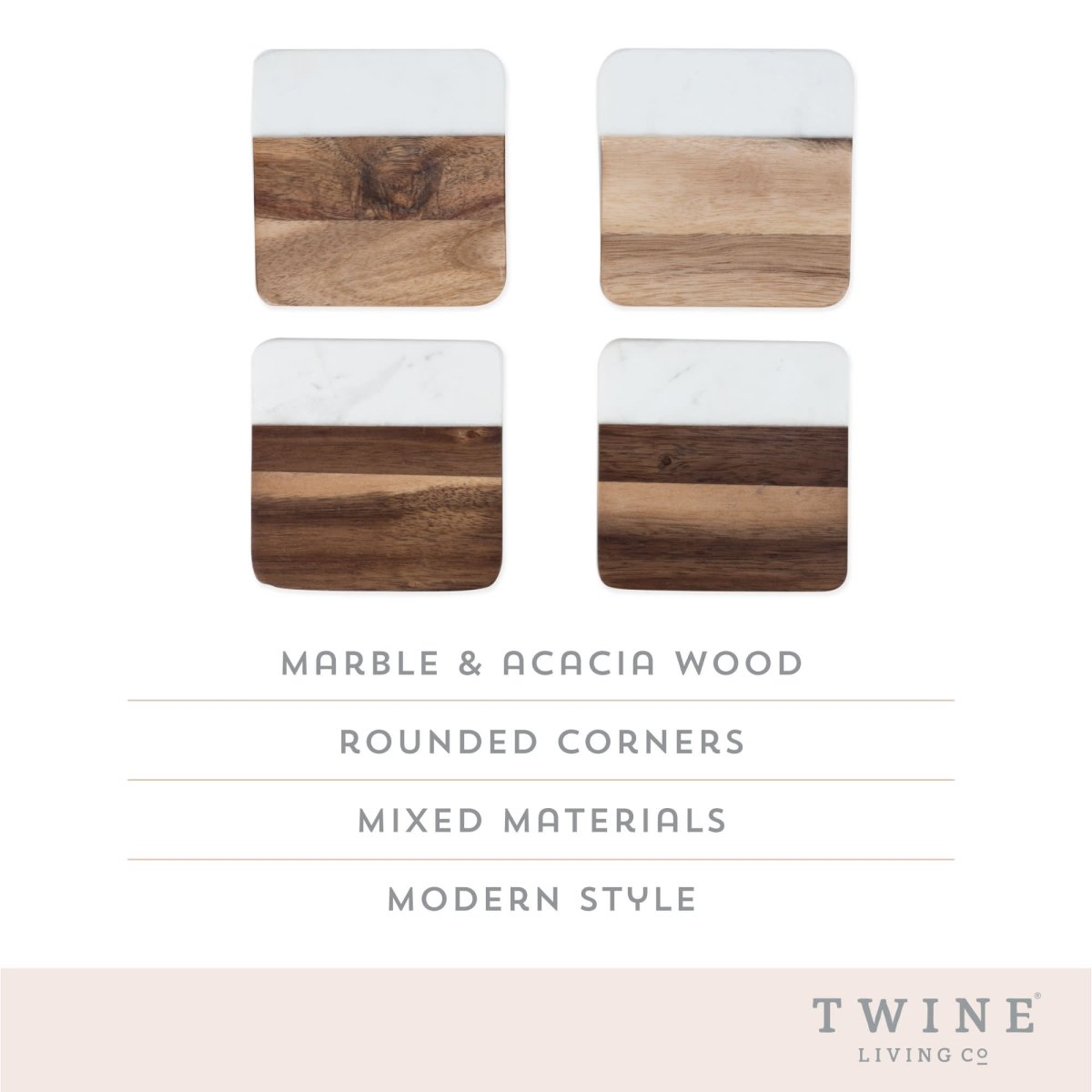 Twine Square Marble & Acacia Coaster with Rounded Corners, Set of 4 - lily & onyx