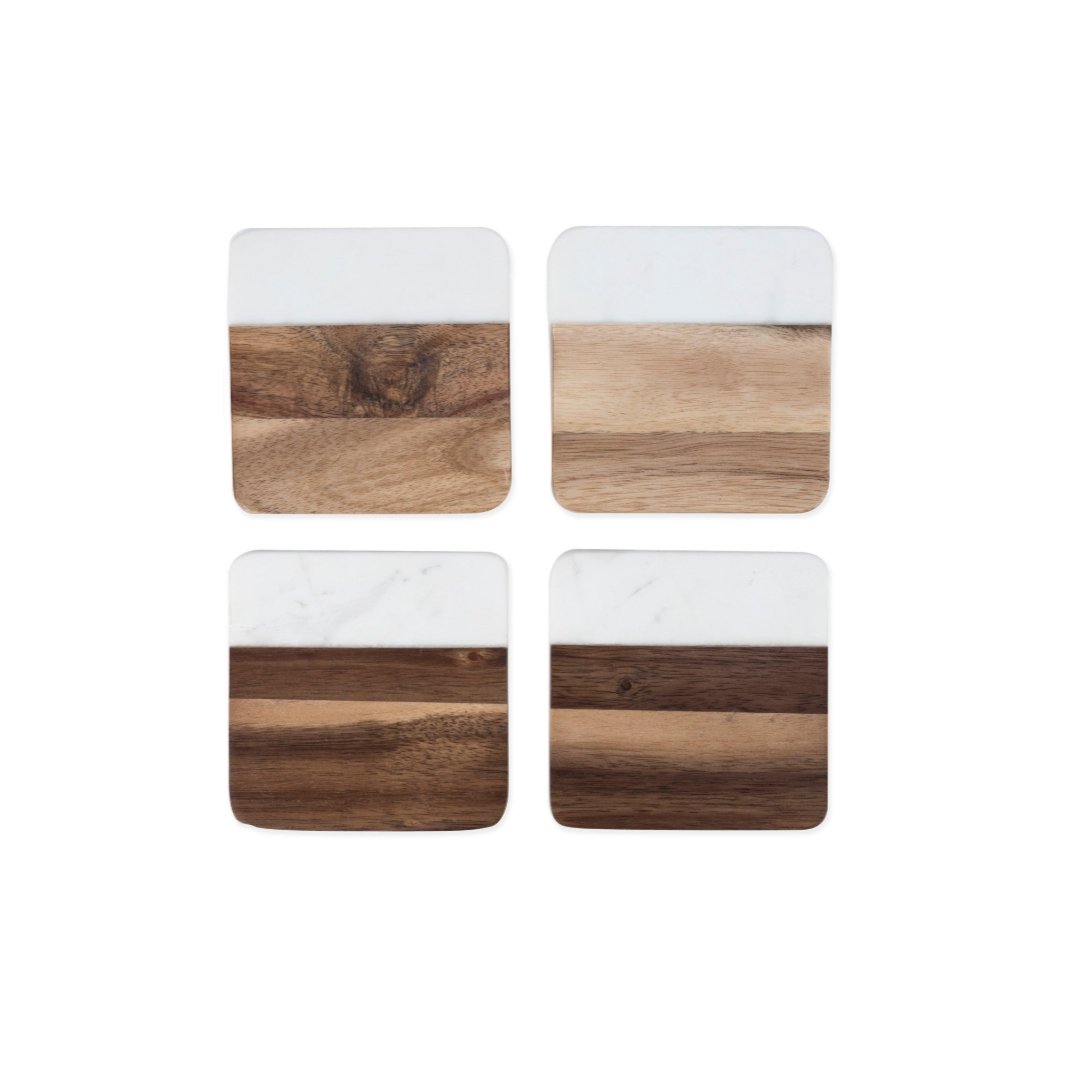 Twine Square Marble & Acacia Coaster with Rounded Corners, Set of 4 - lily & onyx