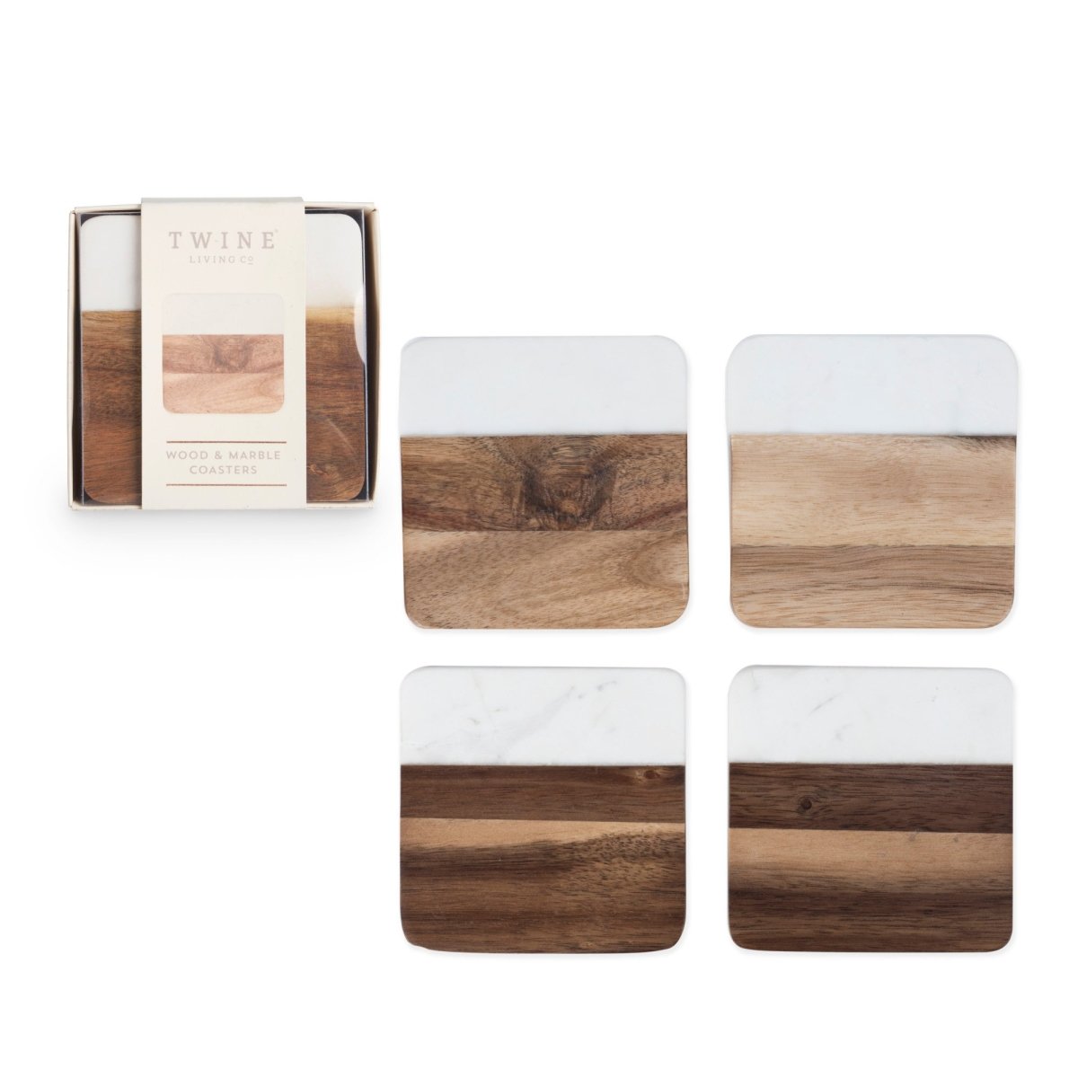 Twine Square Marble & Acacia Coaster with Rounded Corners, Set of 4 - lily & onyx