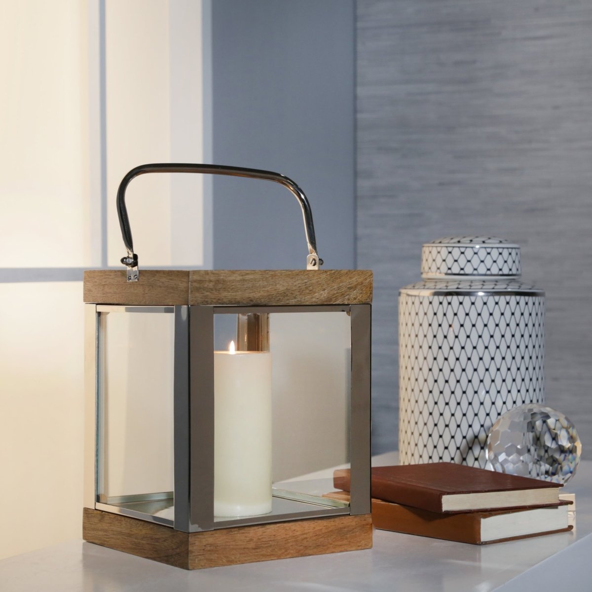 Sagebrook Home Square Metal & Wood Lantern With Handle - lily & onyx