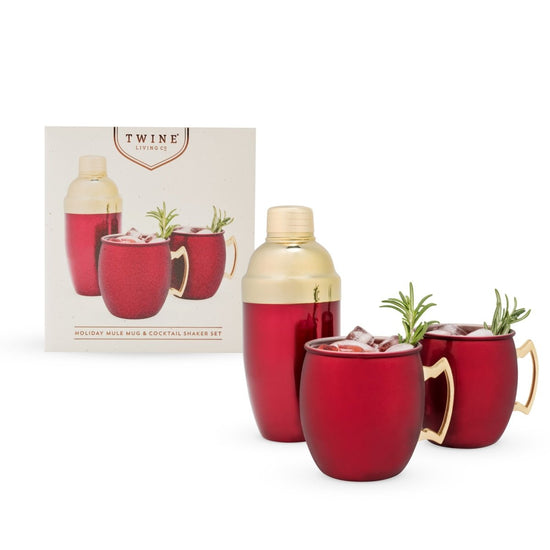 Twine Stainless Steel Moscow Mule Mug & Cocktail Shaker Set with Metallic Red & Gold Finish - lily & onyx