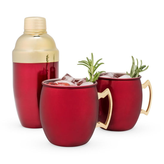 Twine Stainless Steel Moscow Mule Mug & Cocktail Shaker Set with Metallic Red & Gold Finish - lily & onyx
