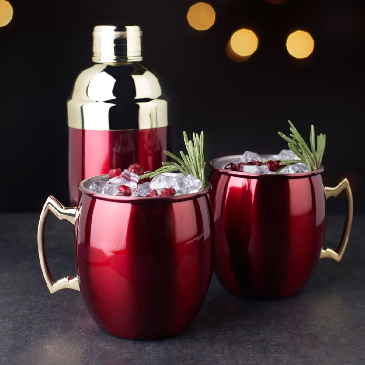 Twine Stainless Steel Moscow Mule Mug & Cocktail Shaker Set with Metallic Red & Gold Finish - lily & onyx