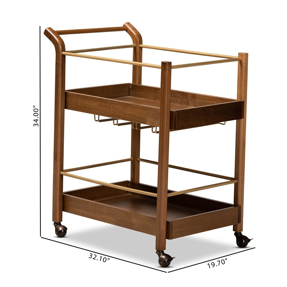 
                      
                        Baxton Studio Tahir Modern & Contemporary Walnut Finished Wood & Antique Gold Metal 2 Tier Mobile Bar Cart - lily & onyx
                      
                    