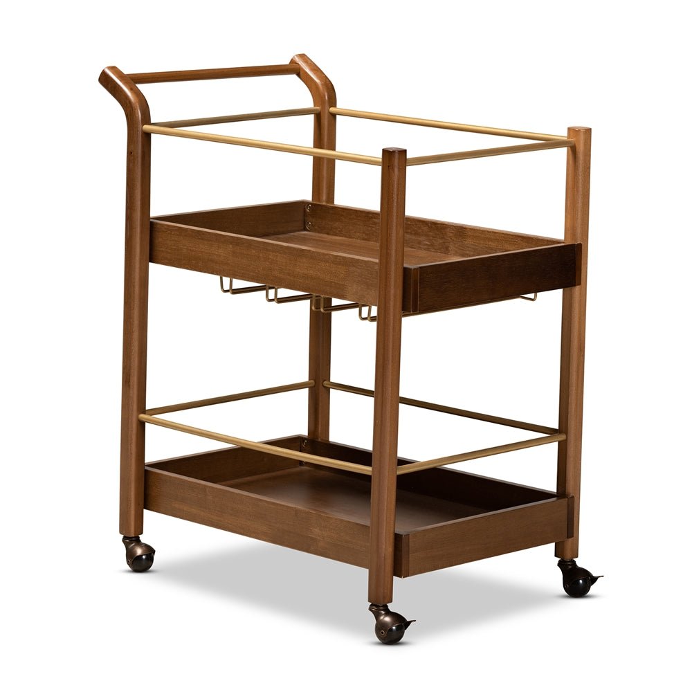 
                      
                        Baxton Studio Tahir Modern & Contemporary Walnut Finished Wood & Antique Gold Metal 2 Tier Mobile Bar Cart - lily & onyx
                      
                    