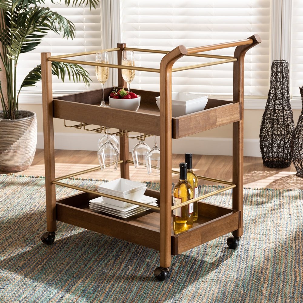 Baxton Studio Tahir Modern & Contemporary Walnut Finished Wood & Antique Gold Metal 2 Tier Mobile Bar Cart - lily & onyx