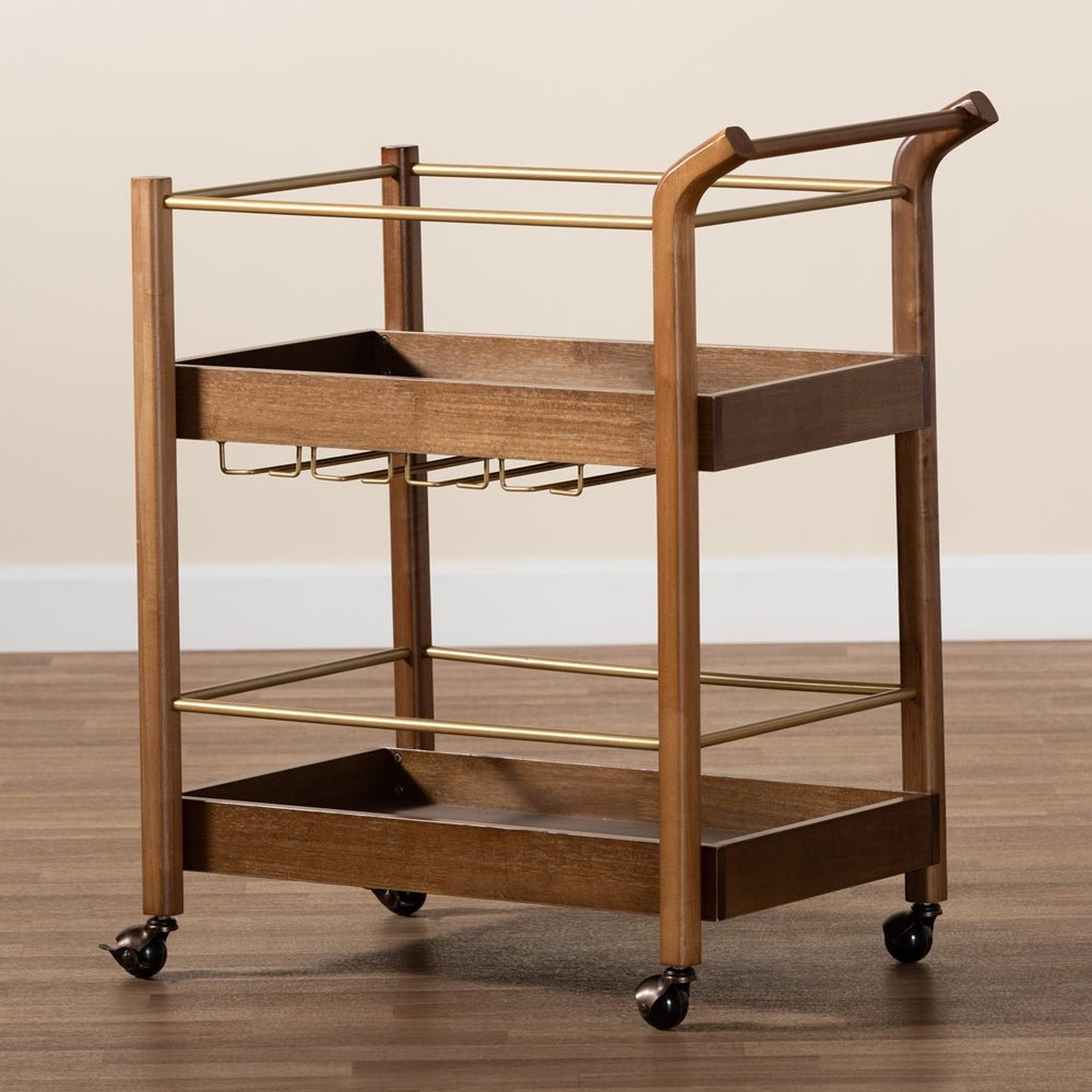 
                      
                        Baxton Studio Tahir Modern & Contemporary Walnut Finished Wood & Antique Gold Metal 2 Tier Mobile Bar Cart - lily & onyx
                      
                    