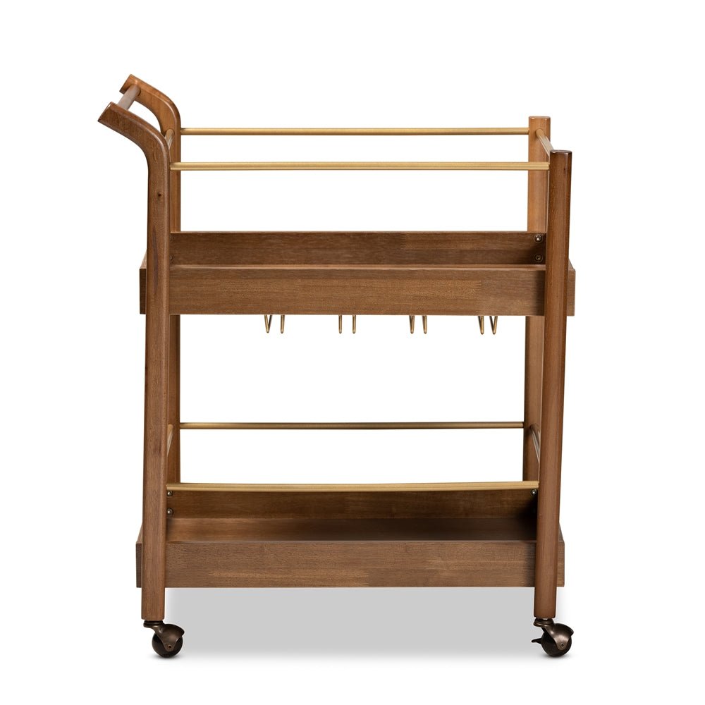 
                      
                        Baxton Studio Tahir Modern & Contemporary Walnut Finished Wood & Antique Gold Metal 2 Tier Mobile Bar Cart - lily & onyx
                      
                    