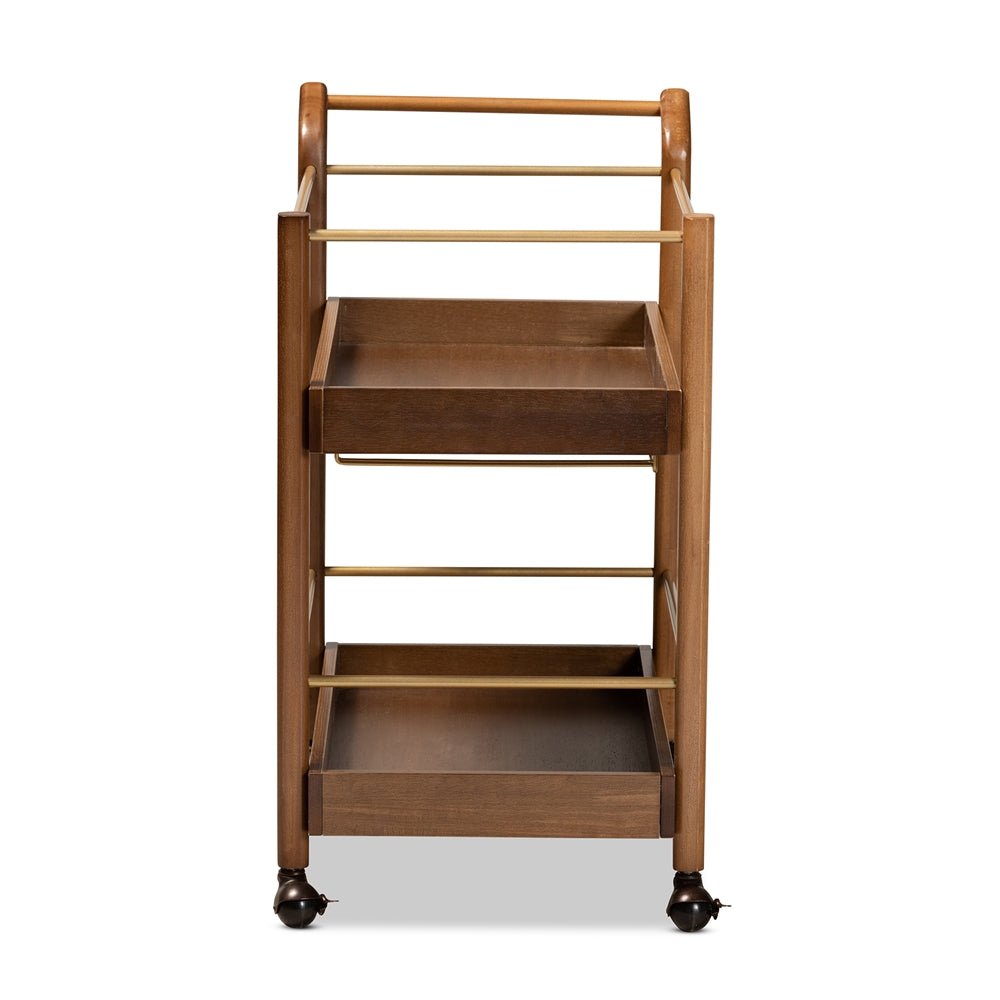 
                      
                        Baxton Studio Tahir Modern & Contemporary Walnut Finished Wood & Antique Gold Metal 2 Tier Mobile Bar Cart - lily & onyx
                      
                    