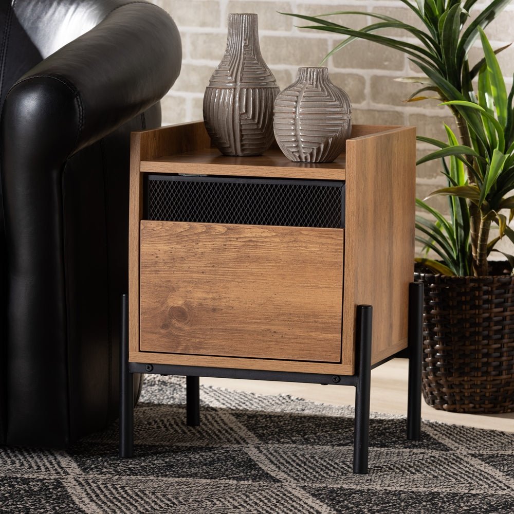 
                      
                        Baxton Studio Tasman Modern And Contemporary Industrial Natural Brown Finished Wood And Black Metal End Table - lily & onyx
                      
                    