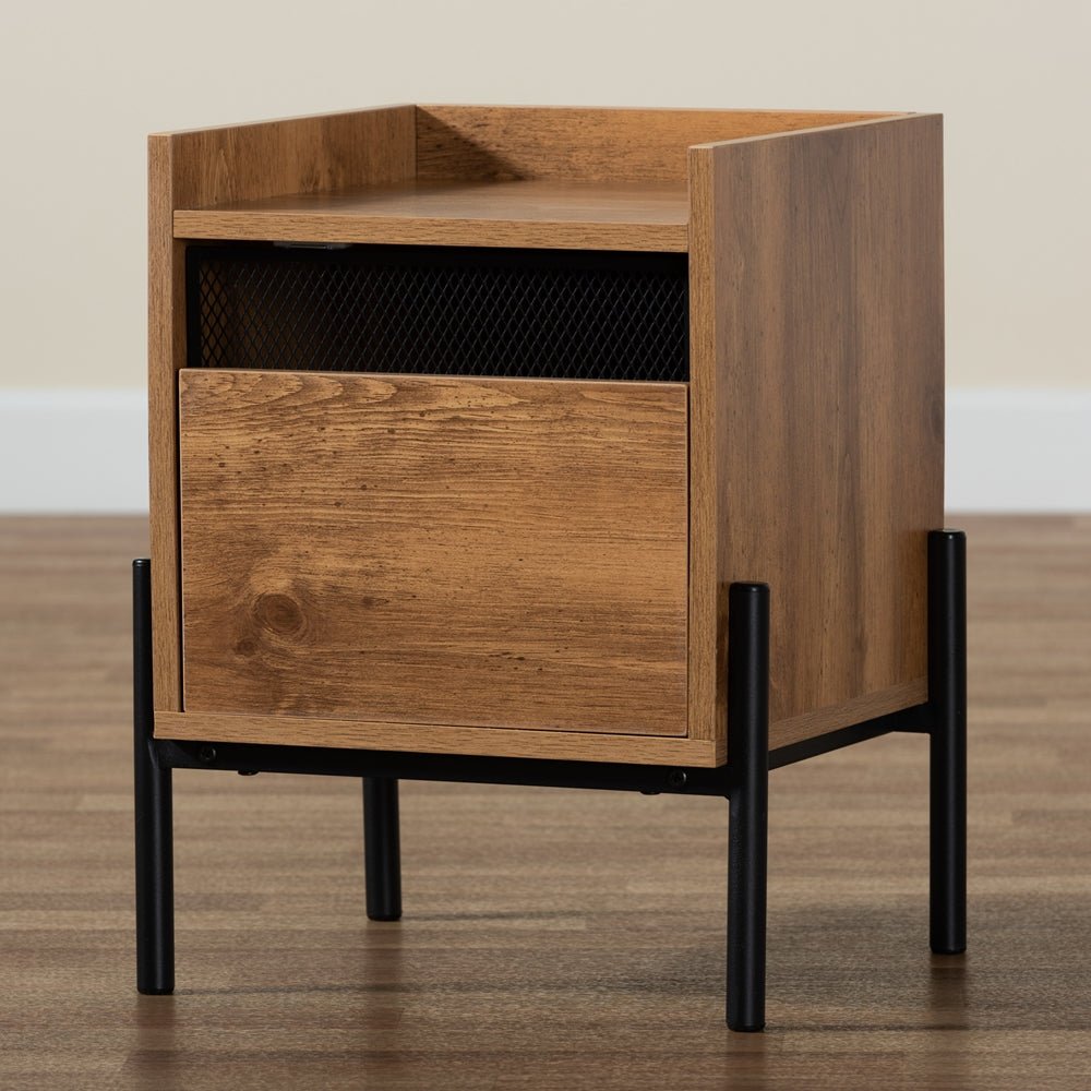 
                      
                        Baxton Studio Tasman Modern And Contemporary Industrial Natural Brown Finished Wood And Black Metal End Table - lily & onyx
                      
                    