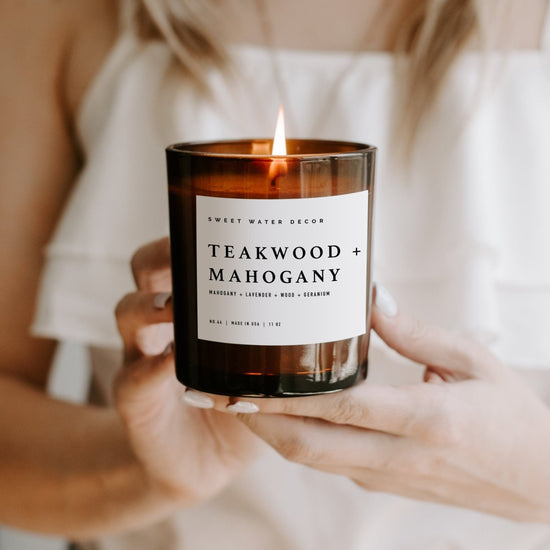 Sweet Water Decor Teakwood and Mahogany Soy Candle - Amber Jar - 11 oz - lily & onyx