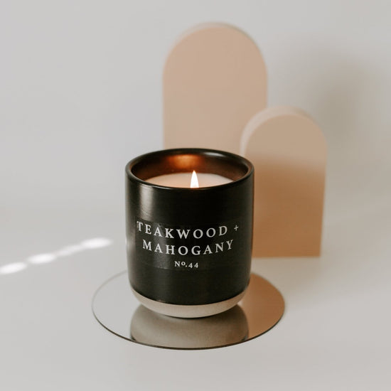 Sweet Water Decor Teakwood and Mahogany Soy Candle - Black Stoneware Jar - 12 oz - lily & onyx