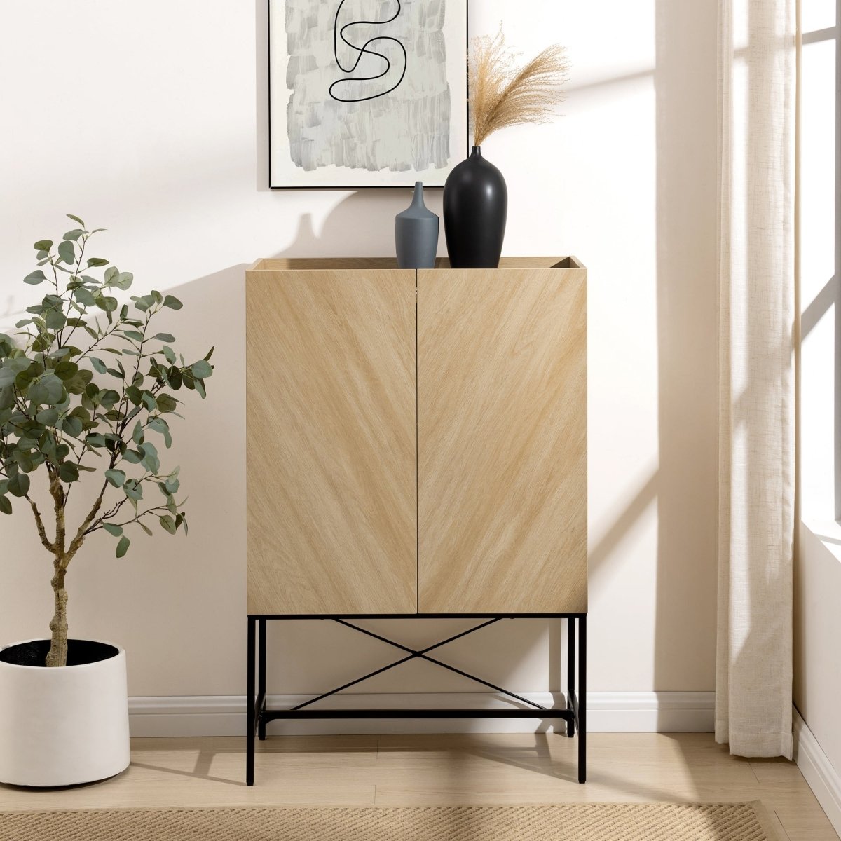 Walker Edison Tiki Contemporary Bookmatch-Doors Tall Accent Cabinet with Inset Top - lily & onyx
