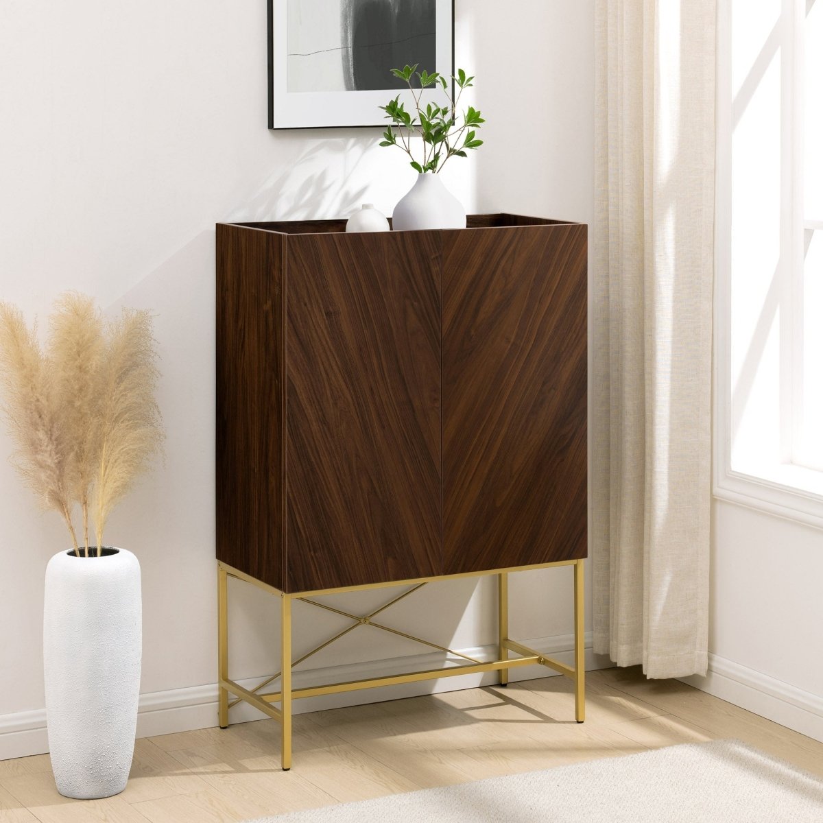 Walker Edison Tiki Contemporary Bookmatch-Doors Tall Accent Cabinet with Inset Top - lily & onyx