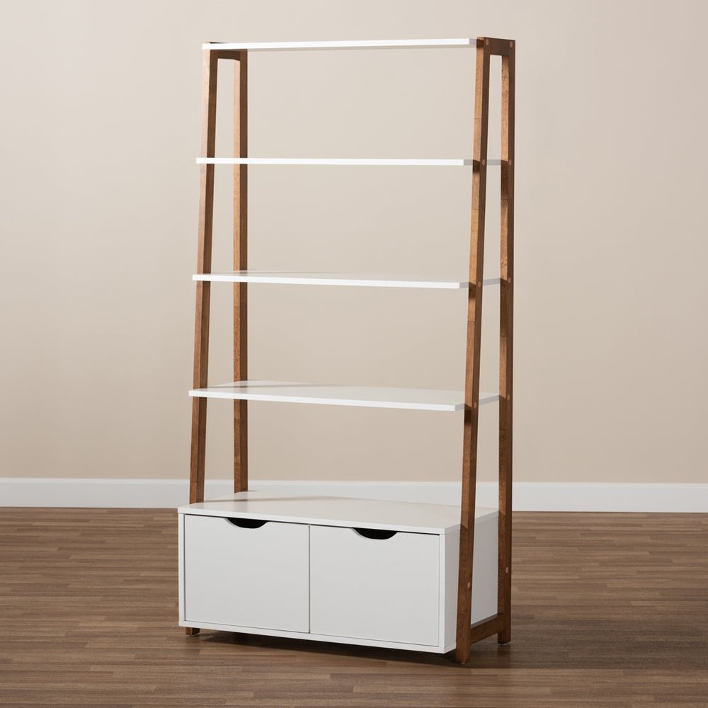 
                      
                        Baxton Studio Two Tone White And Ash Walnut Brown Finished Wood 2 Door Ladder Bookshelf - lily & onyx
                      
                    