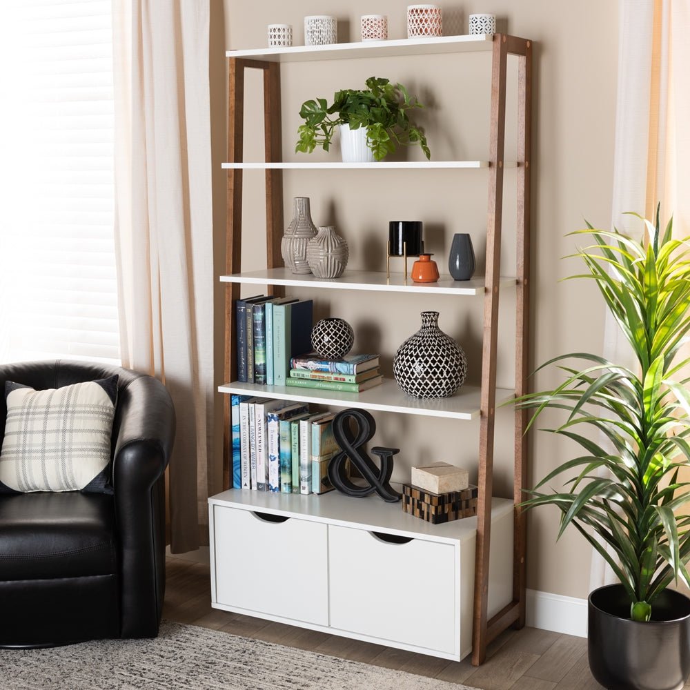 
                      
                        Baxton Studio Two Tone White And Ash Walnut Brown Finished Wood 2 Door Ladder Bookshelf - lily & onyx
                      
                    